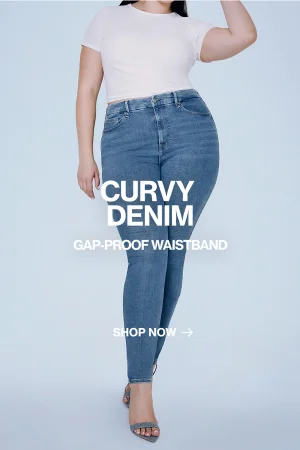 women wearing blue curvy fit denim 